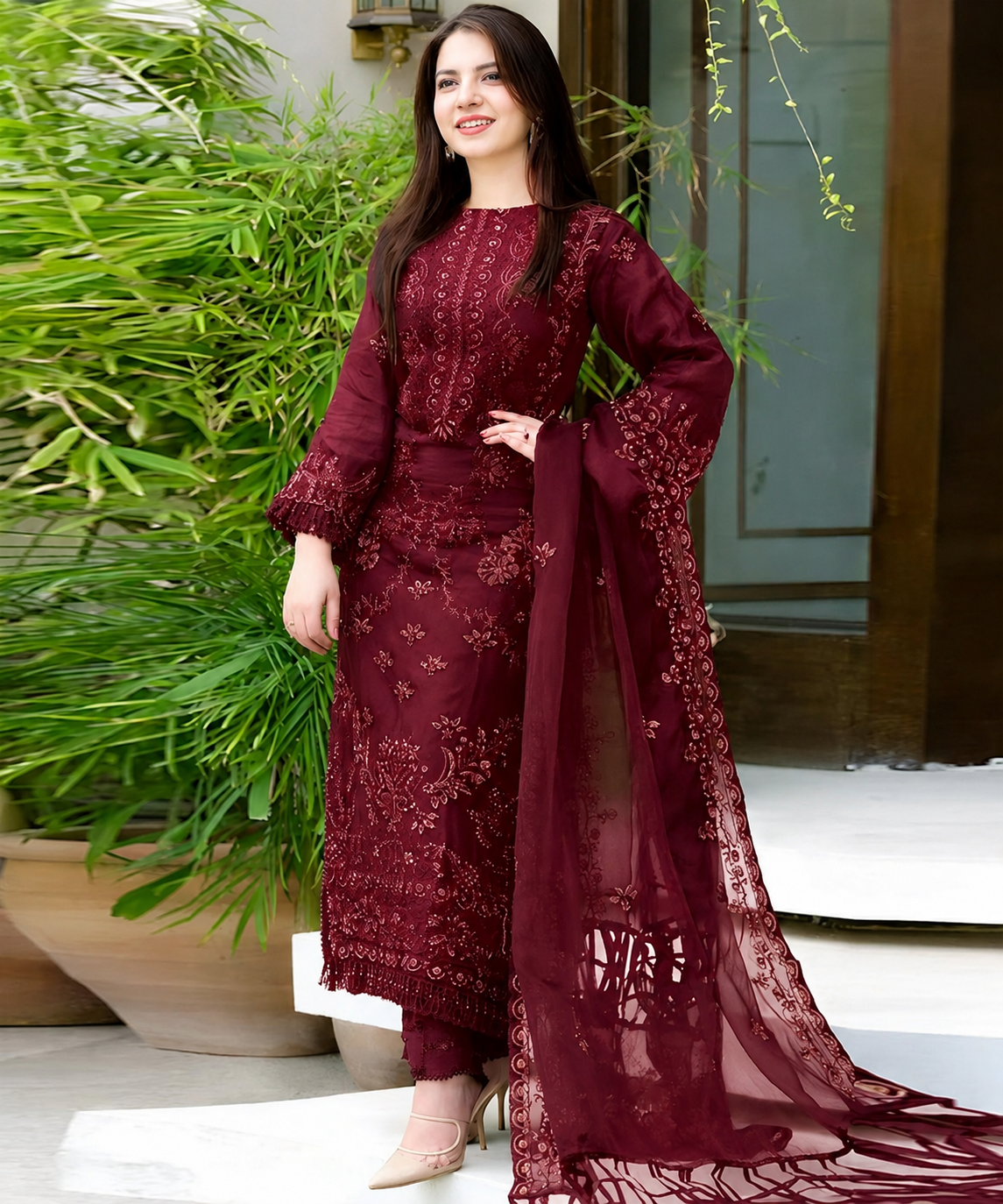 Lawn 3PC Embroidered Shirt with Organza Embroidered Dupatta- 5012 MEHROON